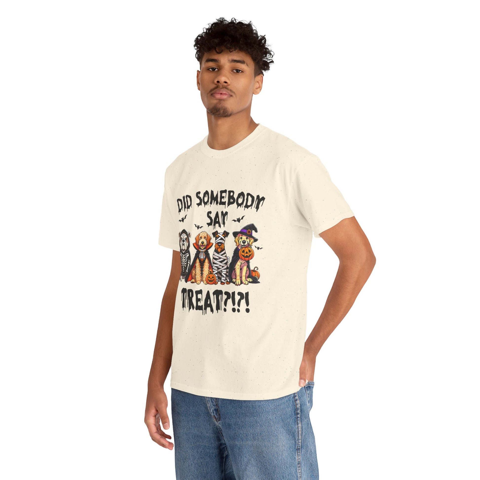 Printify Heavy Cotton T-Shirt in cream with Halloween trick or treat pet costumes graphic and distressed text