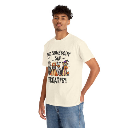 Printify Heavy Cotton T-Shirt in cream with Halloween trick or treat pet costumes graphic and distressed text