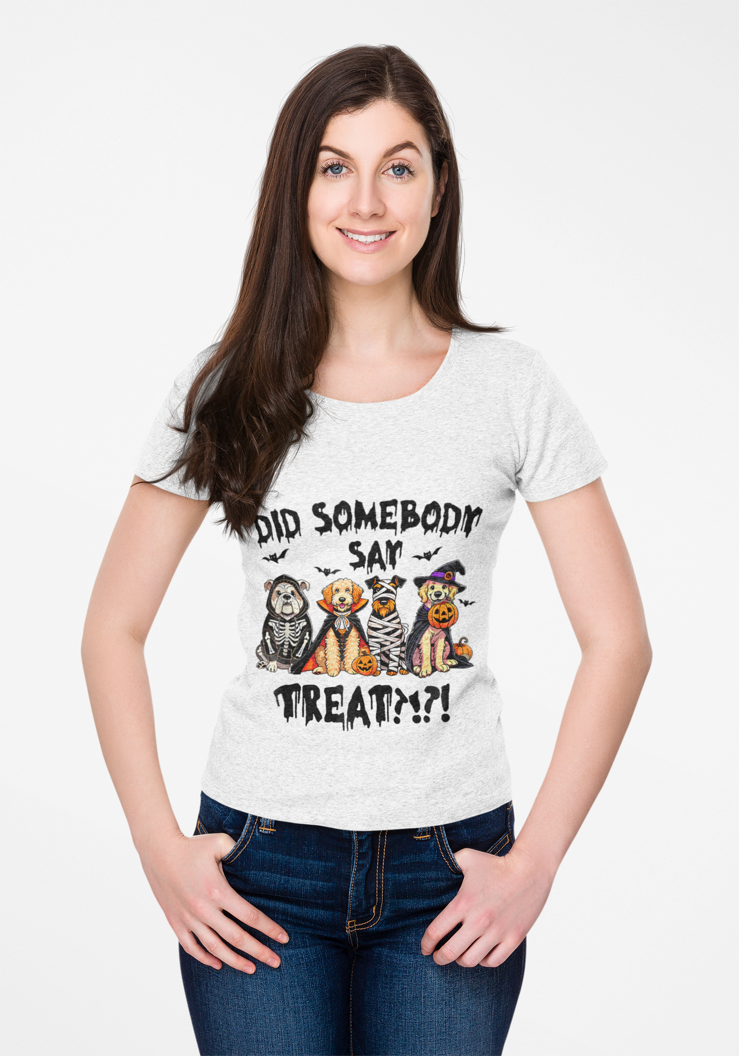 Printify Heavy Cotton T-Shirt light gray Halloween graphic with three costumed pets and Did Somebody Say Treats text