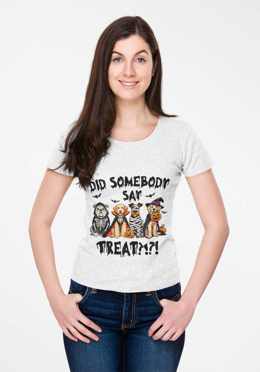 Printify Heavy Cotton T-Shirt light gray Halloween graphic with three costumed pets and Did Somebody Say Treats text