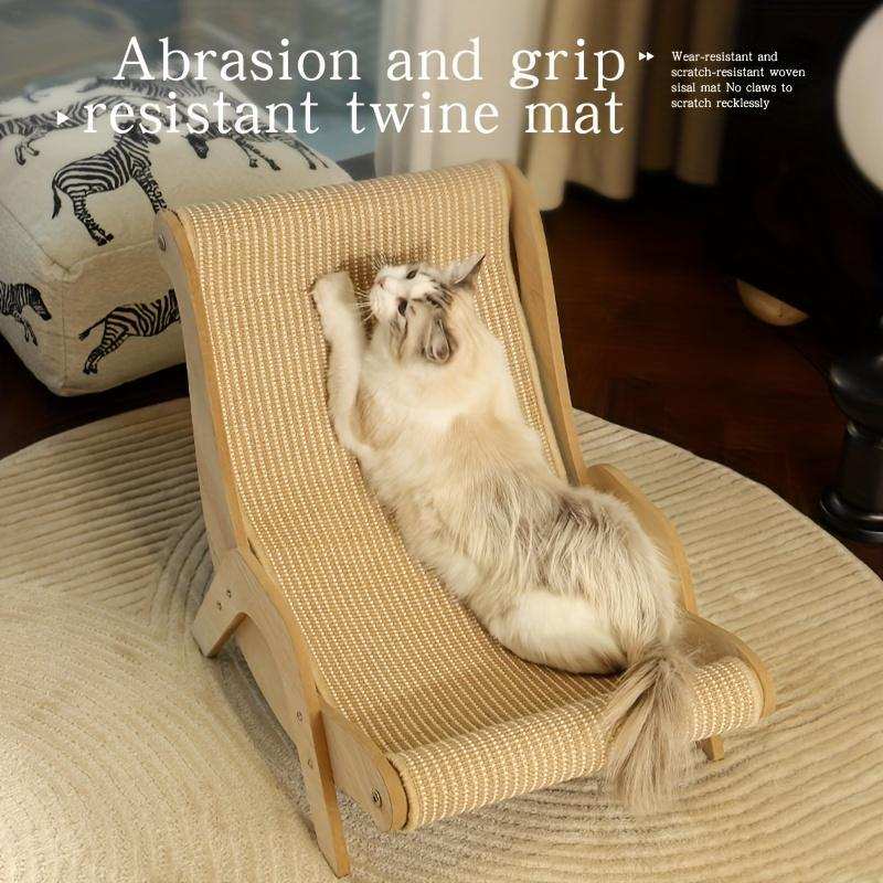 Curved Wooden Pet Lounge Chair with abrasion and grip resistant twine mat featuring a cat lounging comfortably