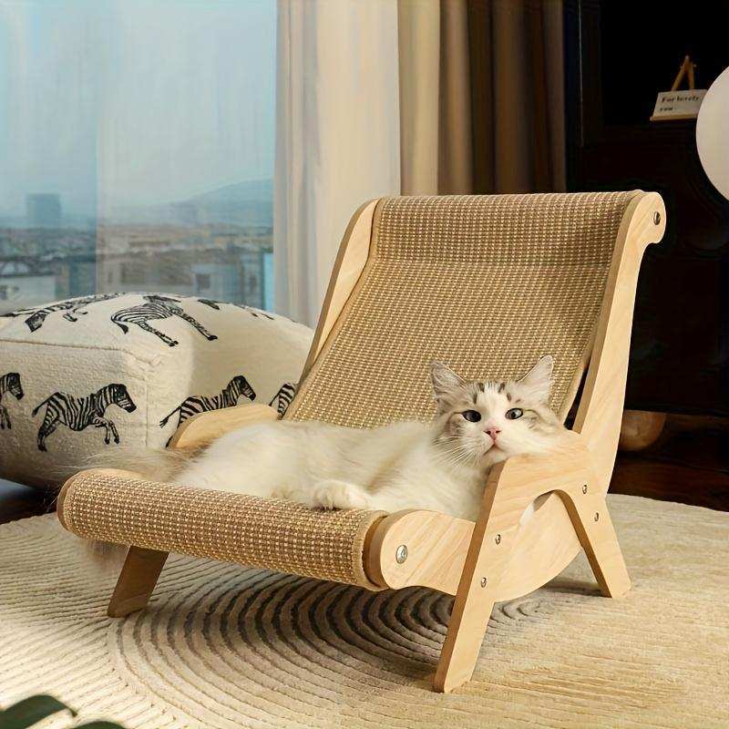 Cat resting comfortably on a Wefulfil Curved Wooden Pet Lounge Chair in a cozy indoor setting