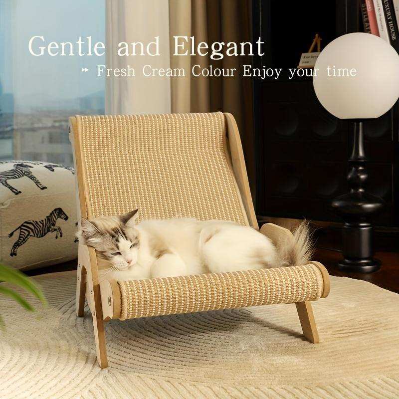Curved Wooden Pet Lounge Chair by Wefulfil in fresh cream color with cat sleeping comfortably