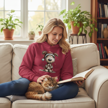 Cute Whimsy Pup Cherry Red Hoodie - Blonde woman relaxing with tabby cat on couch