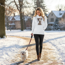 Cute Whimsy Pup White Hoodie - Blonde woman walking small white dog in winter park