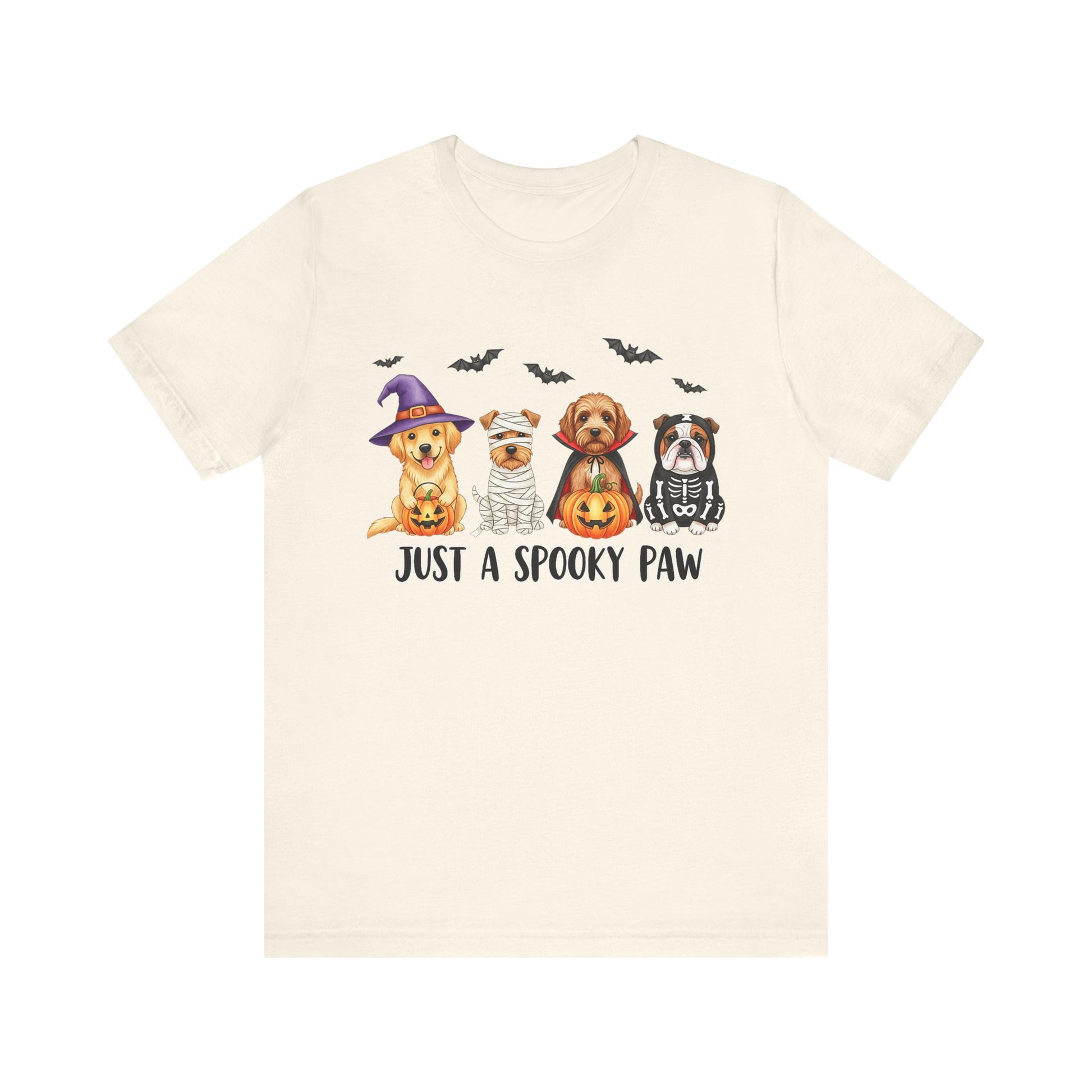 Spooky Pet Shirt cream T shirt with four dogs in Halloween costumes and bats above text Just a Spooky Paw
