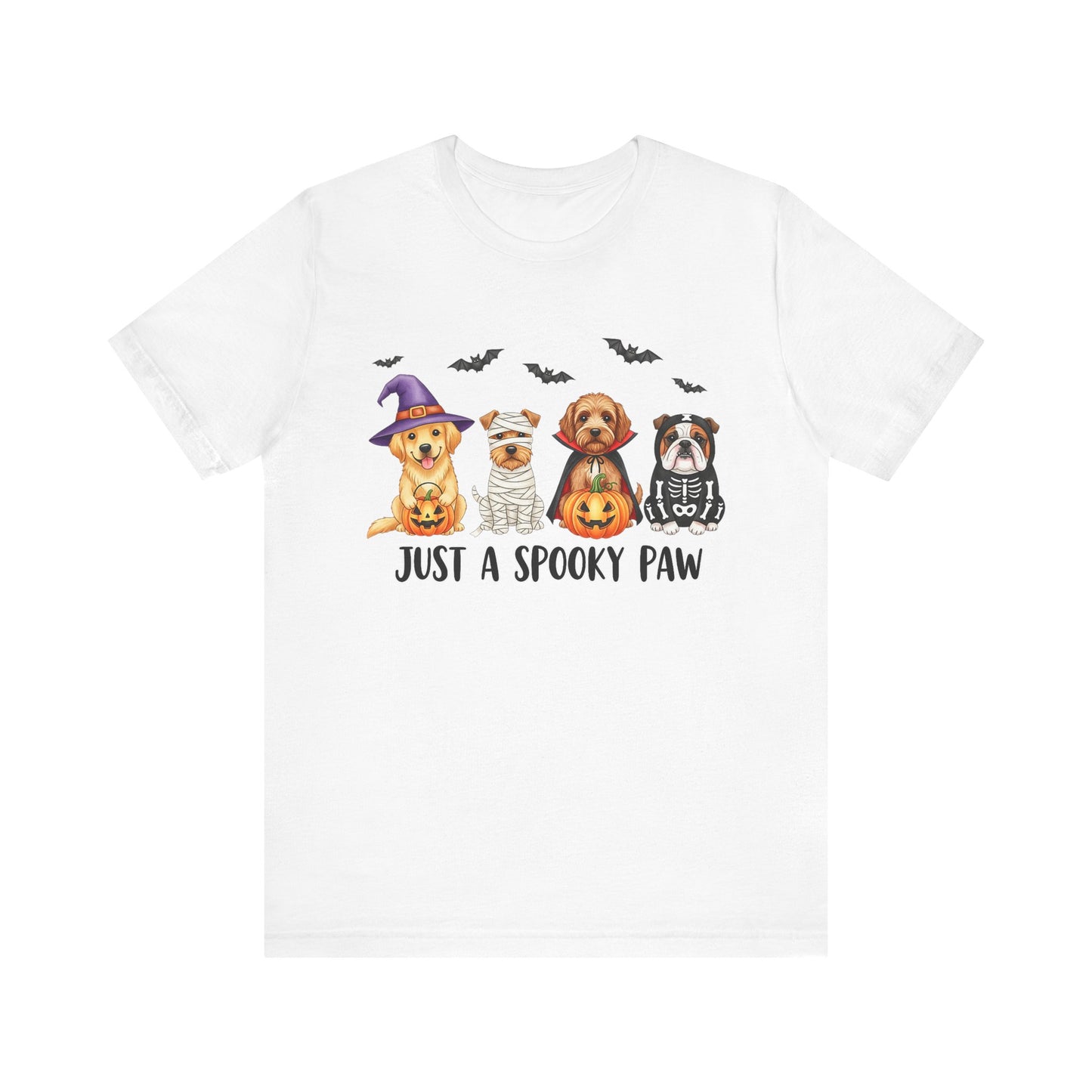 Printify white t shirt with four dogs in Halloween costumes and bats reading Just a spooky paw Spooky Pet Shirt