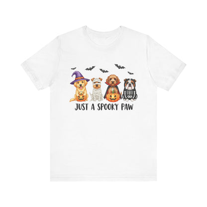 Printify white t shirt with four dogs in Halloween costumes and bats reading Just a spooky paw Spooky Pet Shirt