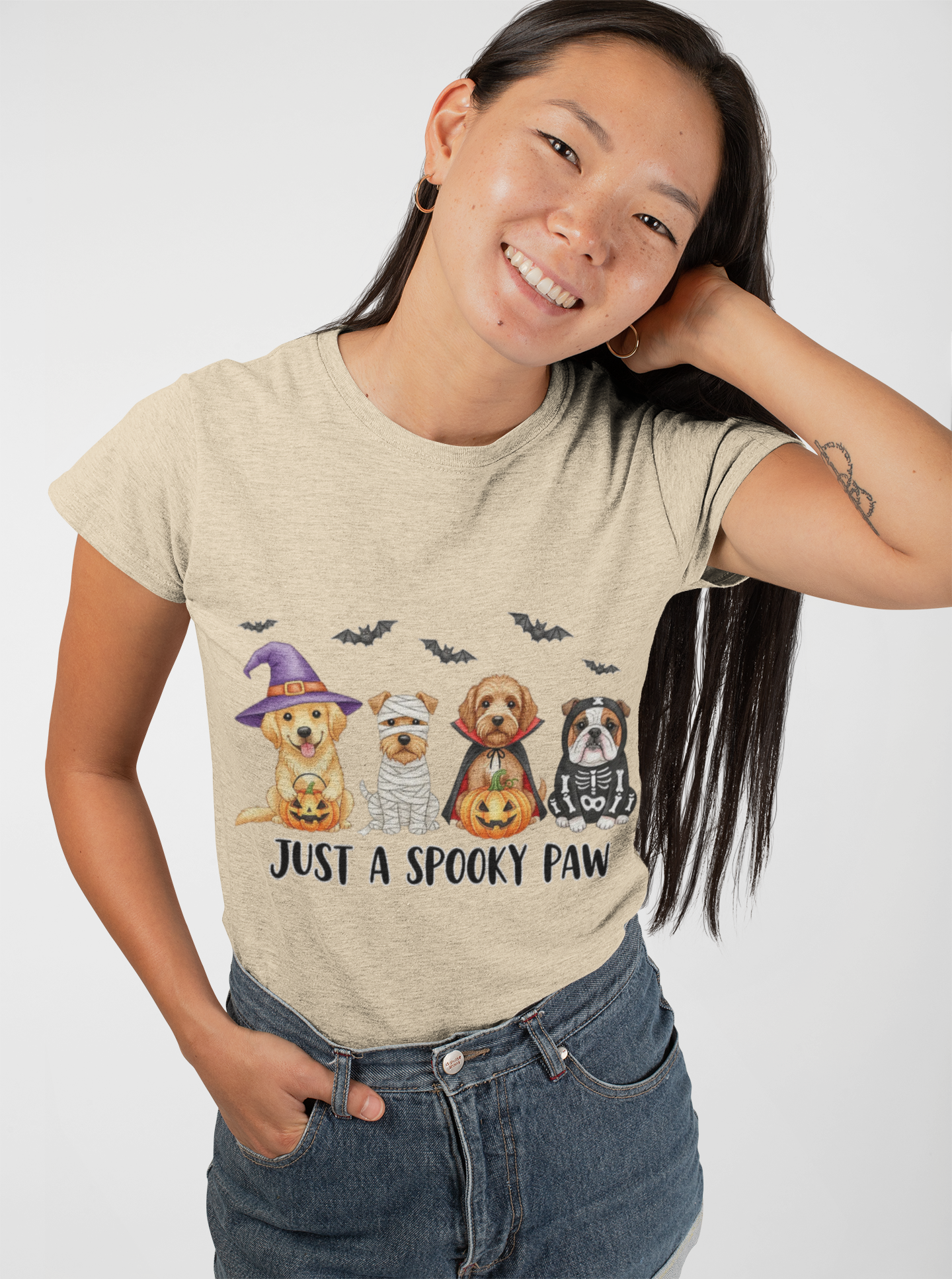 Spooky Pet Shirt beige womens tee with four dogs in Halloween costumes and Just a Spooky Paw design by Printify