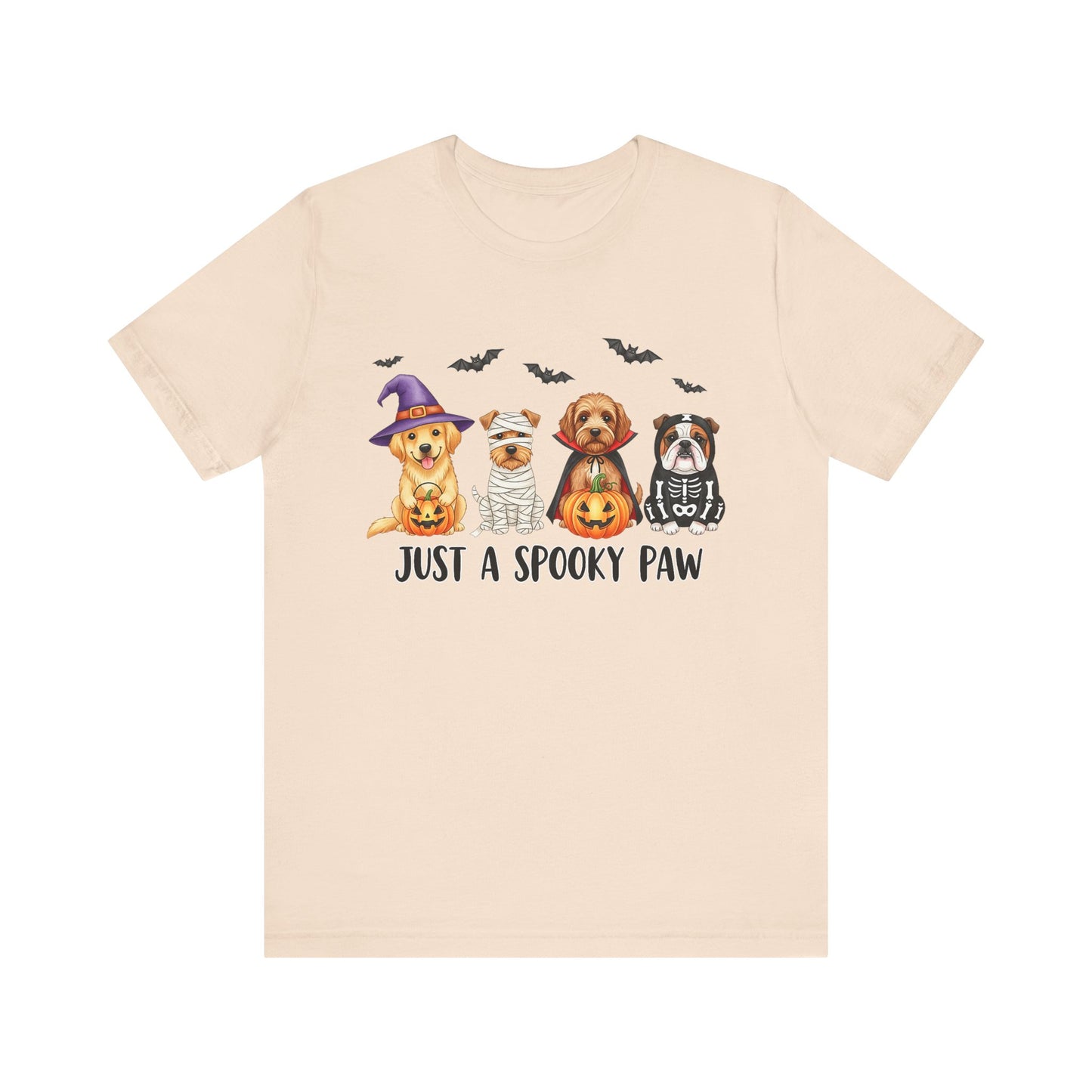 Printify beige T shirt with four dogs in Halloween costumes and bats pumpkins saying Just a spooky paw Spooky Pet Shirt