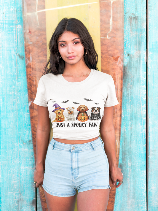 Printify model wearing Spooky Pet Shirt white cropped tee with four Halloween dogs and bats