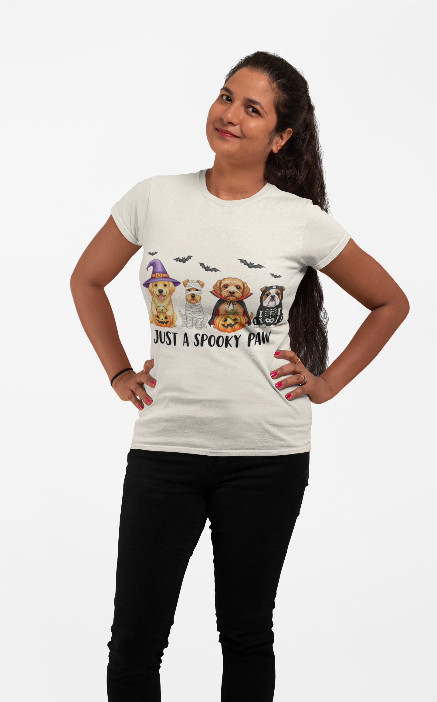 Spooky Pet Shirt Printify womens cream t shirt showing four dogs in Halloween costumes with bats and text