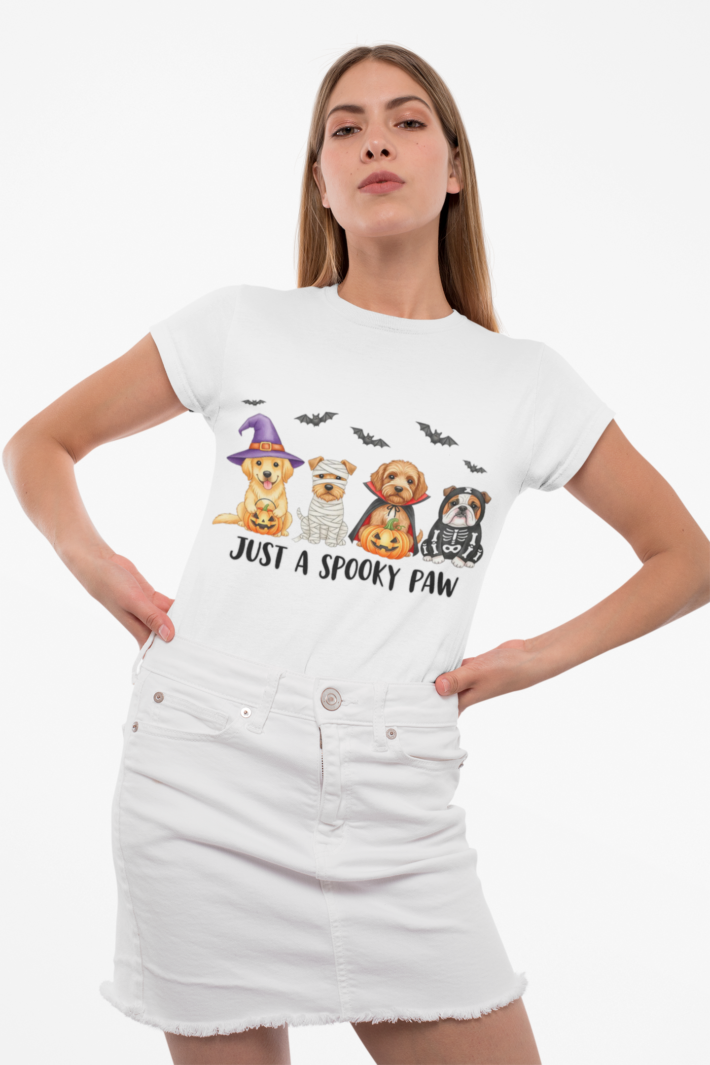 Printify white T Shirt with four dogs in Halloween costumes and Just a spooky paw graphic Spooky Pet Shirt