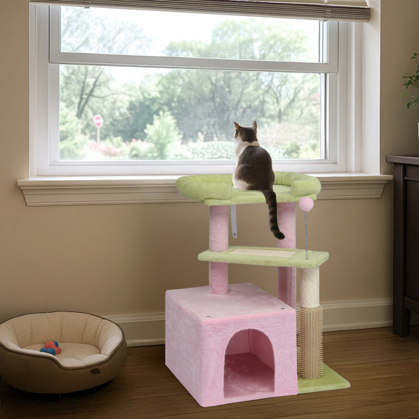 Cat Tree 27.5" - Multi-Level Tower Pink & Green for Kittens