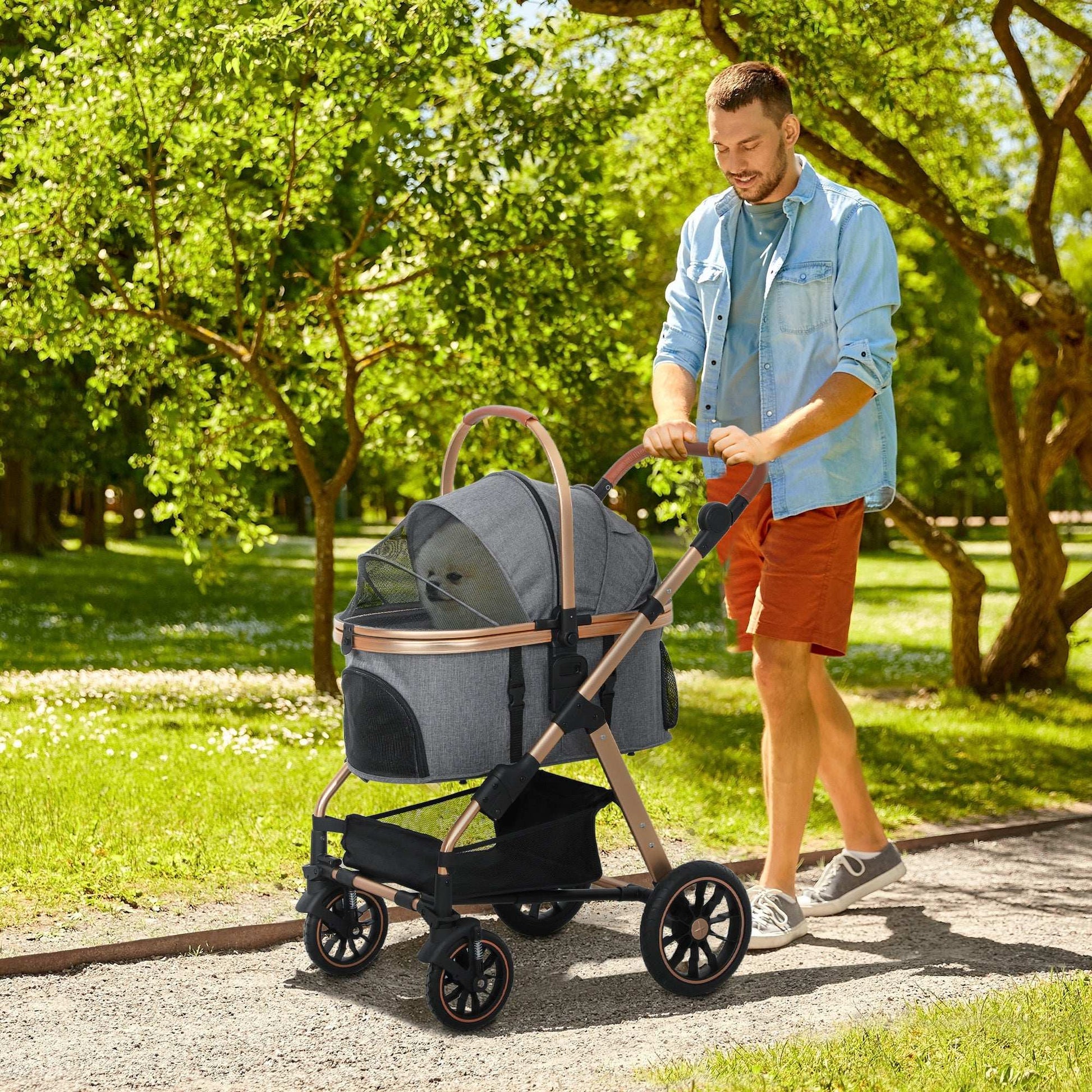 Man pushing a pet stroller in a park