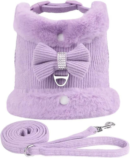 Warm Fur Collar Soft Padded Small Girl Pet Harness and Leash Set with Bow Tie