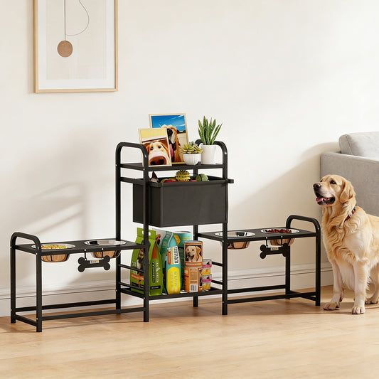 Dog Bowl Stand Dual Station - 4 Bowls 3 Heights Storage Bin