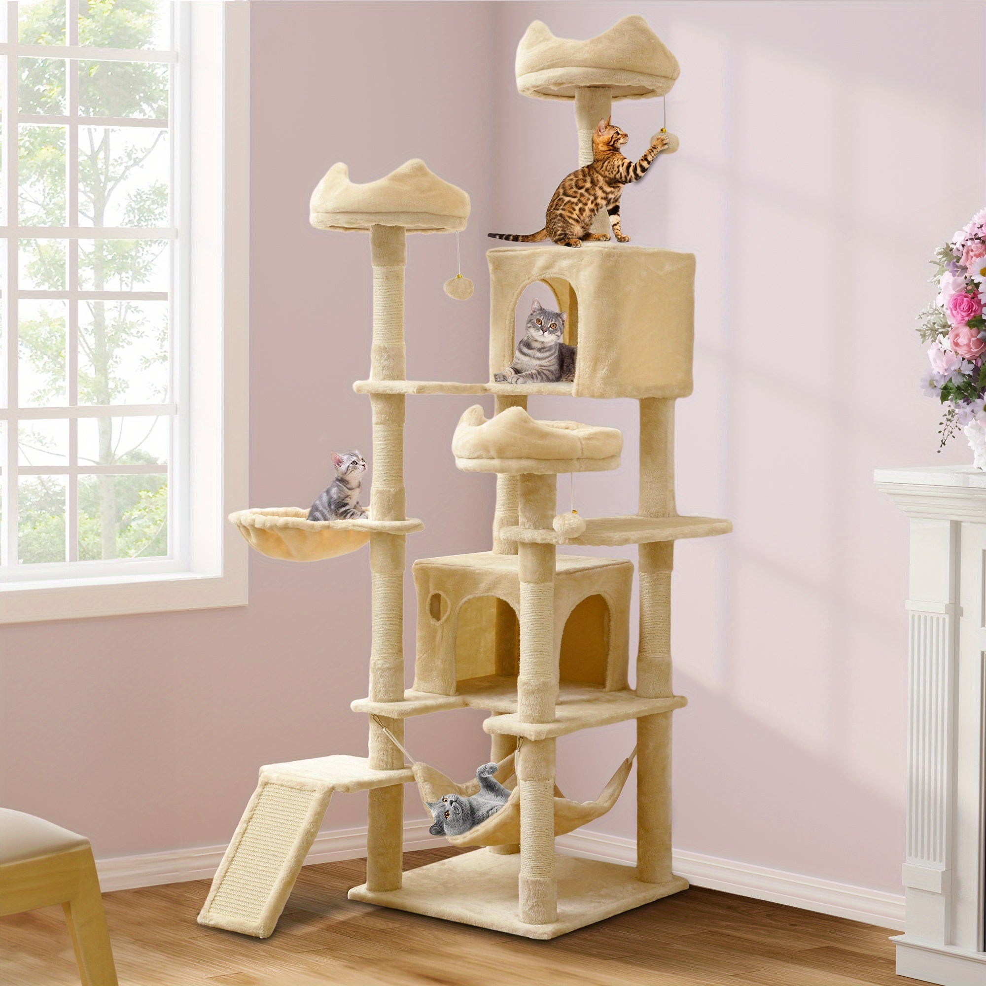 Tall 75in Cat Tree Tower For Indoor Cats Multi-Level Cat Climbing Two Condos
