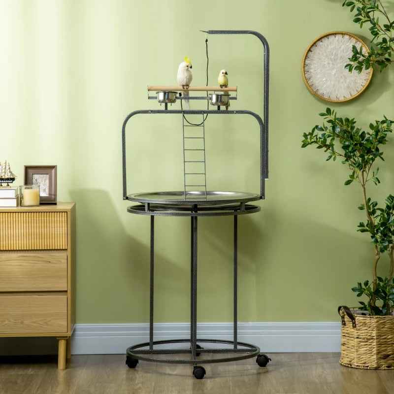 PawHut Parrot Stand Large Bird Perch Stand With Toy Hook  3 Ladders, Parrot Perch, Bird Wooden Stand, Gray