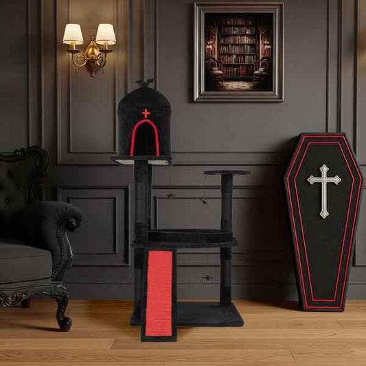 53in Gothic Cat Tree With Coffin Bed, Large Cat Tower With Spacious Cat Condo, Scratching Posts, Spider Hanging Toys, Scratching Board, Multi-Level Cat Activities Furniture For Large Cats, Red & Black