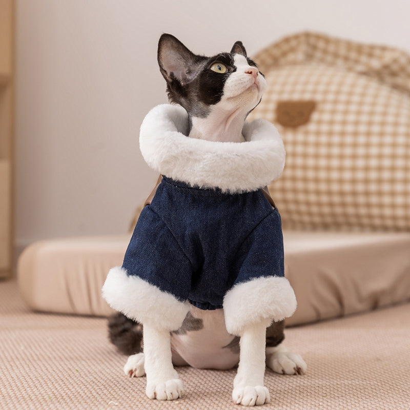 Retro Rebel Jacket - Denim Pet Coat with Fur