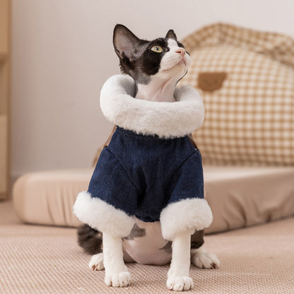 Retro Rebel Jacket - Denim Pet Coat with Fur