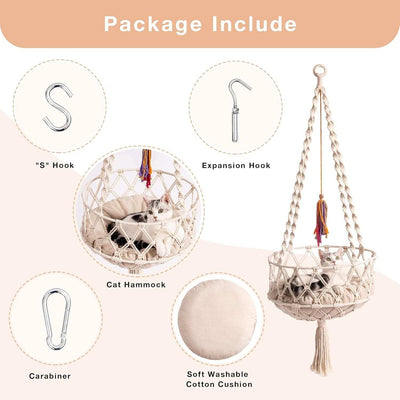 Macrame Cat Swing Bed For Indoor Cats - Boho Hanging Hammock With Washable Mat