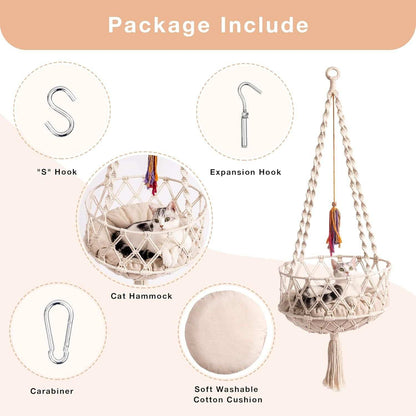 Macrame Cat Swing Bed For Indoor Cats - Boho Hanging Hammock With Washable Mat
