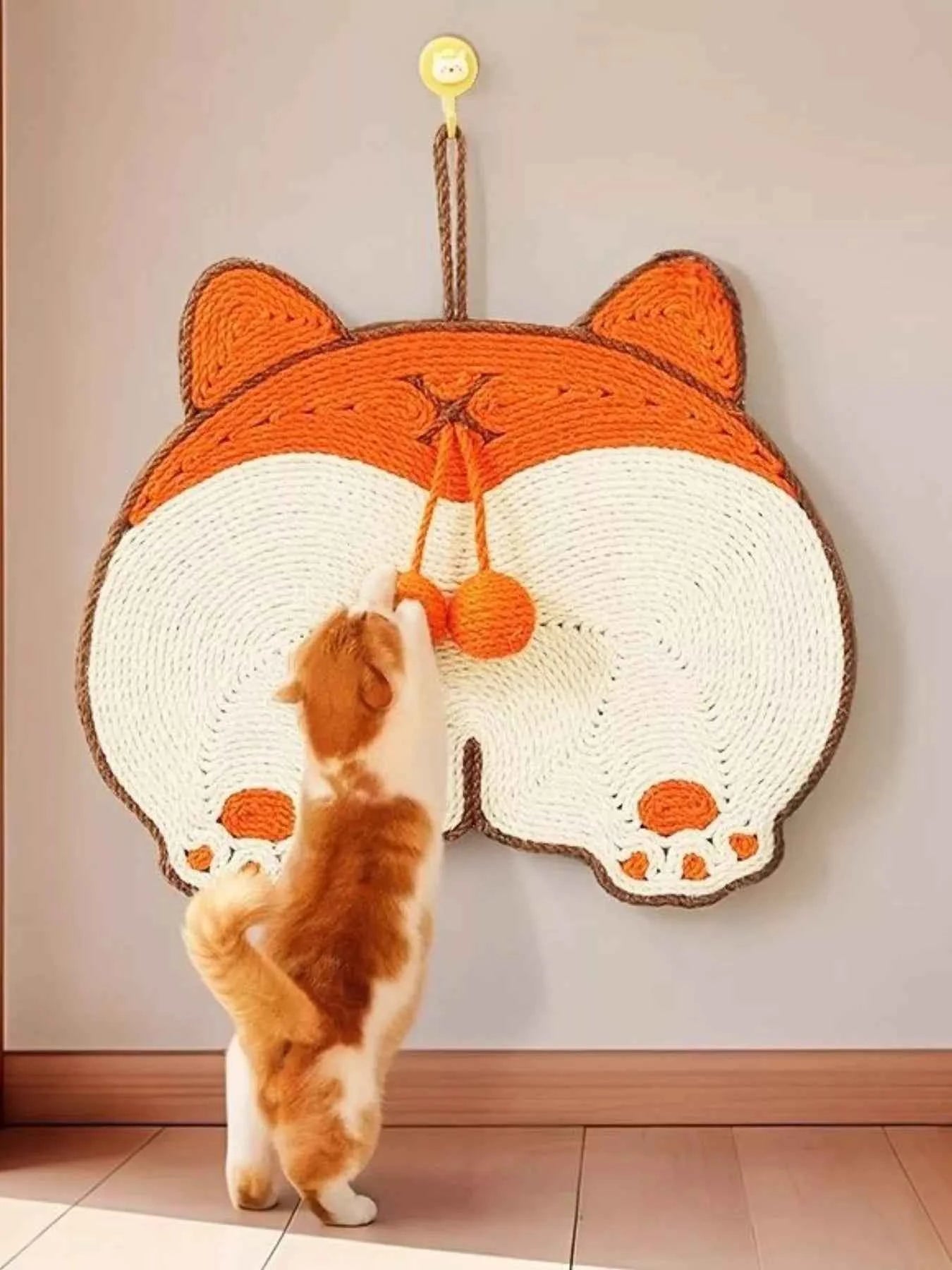 Cute Animal Design Hanging Cat Scratching Post with Dangling Balls