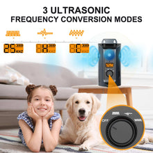 Ultrasonic device with frequency conversion modes shown, featuring a child and dog in a room.