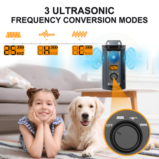 Ultrasonic device with frequency conversion modes shown, featuring a child and dog in a room.