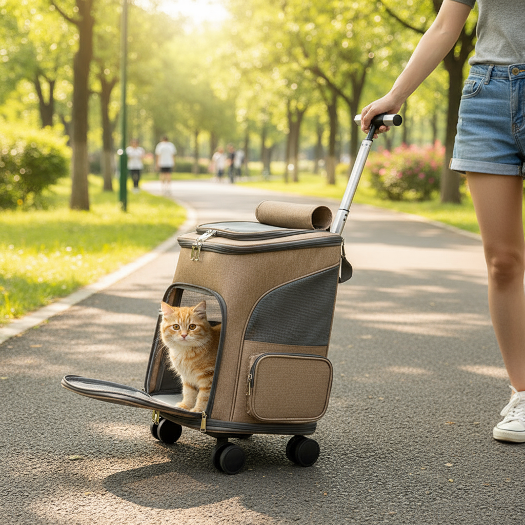 Dark grey pet trolley backpack with cat in park