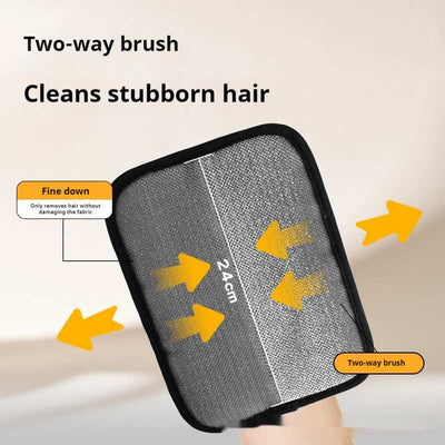 Two-way brush with text indicating its use for cleaning stubborn hair on a neutral background.