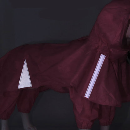 Maroon raincoat with white reflective stripes on a dark background