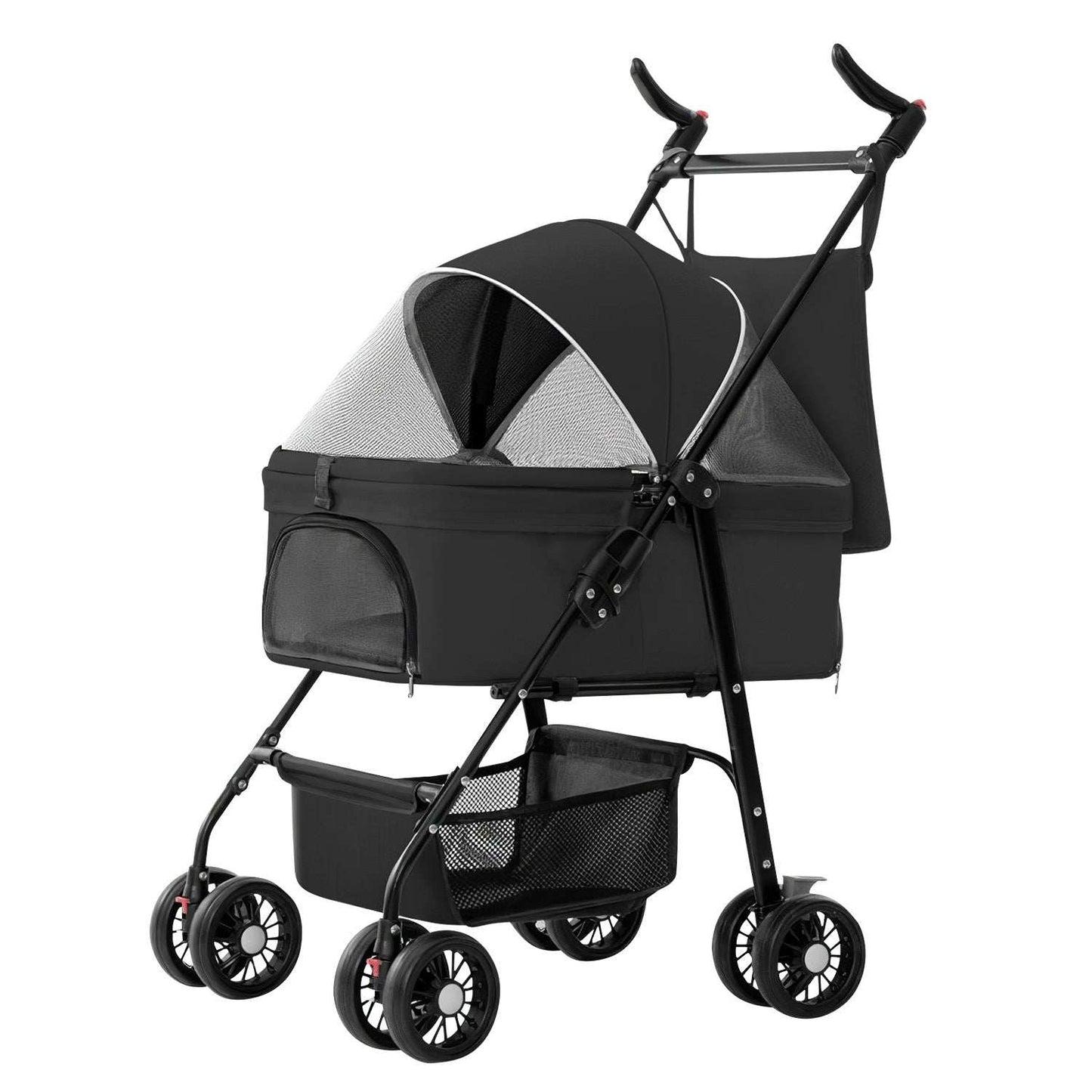 Pet Travel Stroller - Foldable 4-Wheel Carrier With Storage Basket