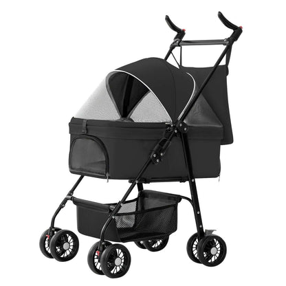 Pet Travel Stroller - Foldable 4-Wheel Carrier With Storage Basket