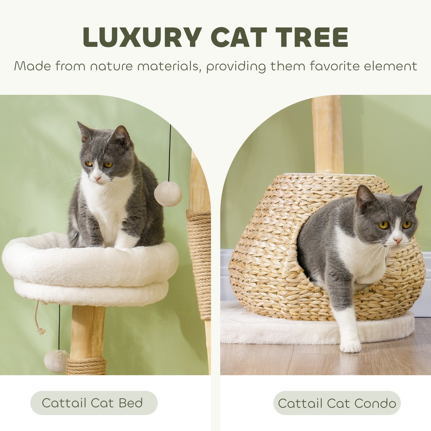 Cat Tree 41" Natural Wood - Jute Posts Condo Beds Toy Balls