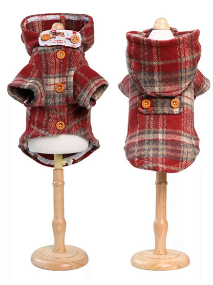 Plaid Button-Down Pet Coat with Hood