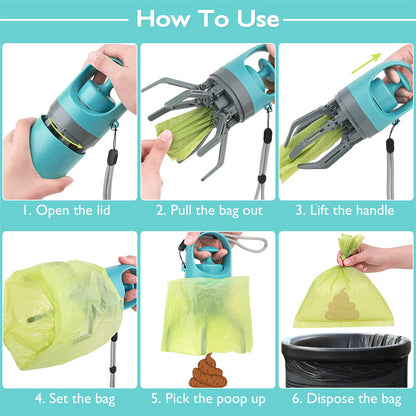 Portable Dog Pooper Scooper - Built-in Bag Dispenser & 8-Claw Pickup