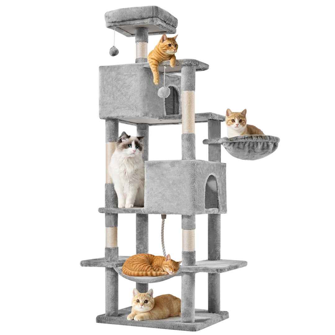 66-Inch Cat Tree Tower - Multi-Level with 2 Condos & Hammock - Purrfect Pet Haven