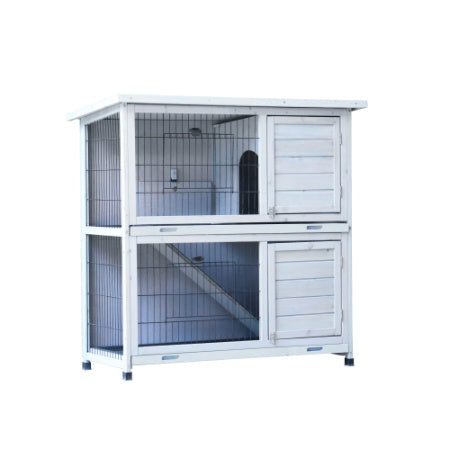 2-Story Rabbit Hutch - White with Removable Trays & Run