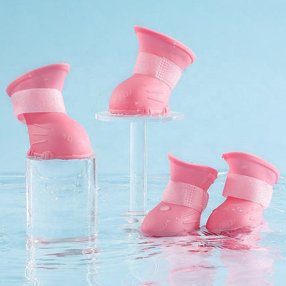 Wefulfil Dog 4 Piece Rain Boots in pink waterproof silicone with adjustable straps