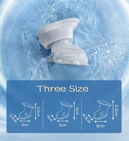 Wefulfil Dog 4 Piece Rain Boots size guide showing three sizes with dimensions on a splash water background