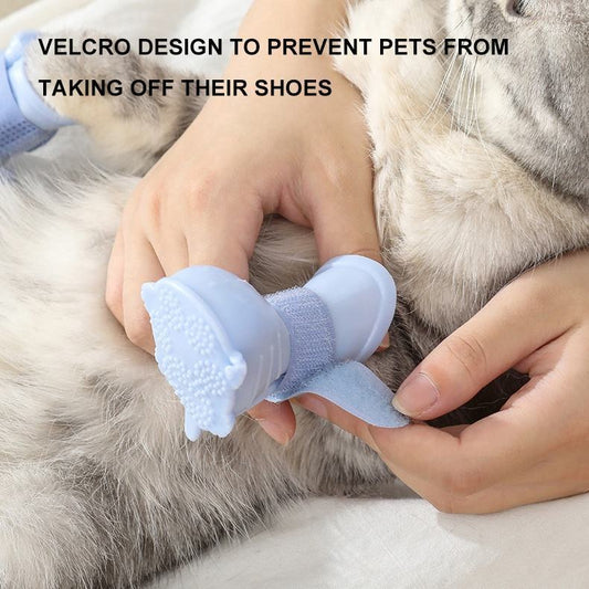 Wefulfil Dog 4 Piece Rain Boots in light blue with Velcro design being put on a fluffy cat