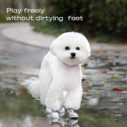 White fluffy dog wearing Wefulfil Dog 4 Piece Rain Boots standing on a wet path