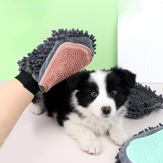 Wefulfil Dog and Cat Grooming Glove with soft bristles shown beside a black and white puppy