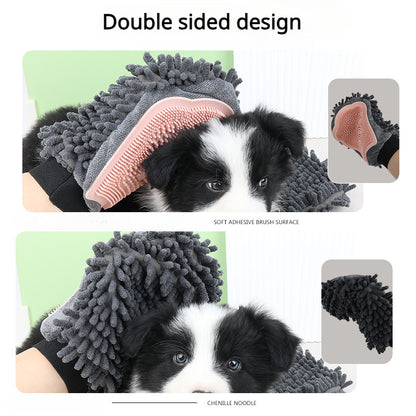 Wefulfil Dog and Cat Grooming Glove double sided design with soft adhesive brush and chenille noodle for pet fur care