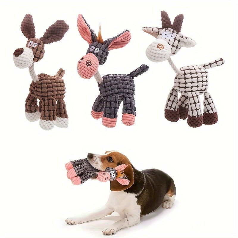 Wefulfil dog chew squeaky toy set with three soft animal shapes and a dog playing with one