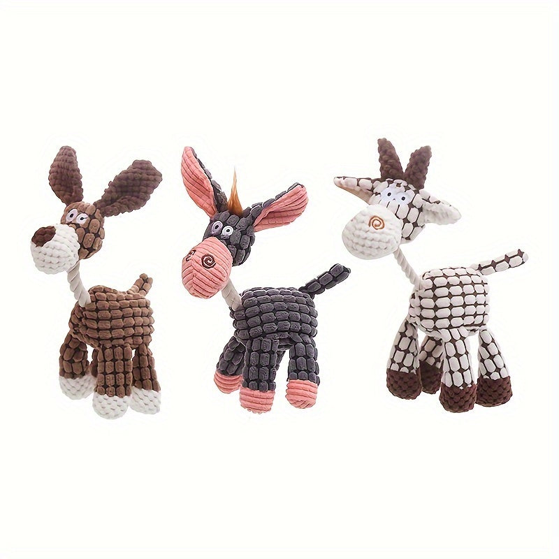 Wefulfil Dog Chew Squeaky Toy set with brown, gray, and white plush animal designs for pets