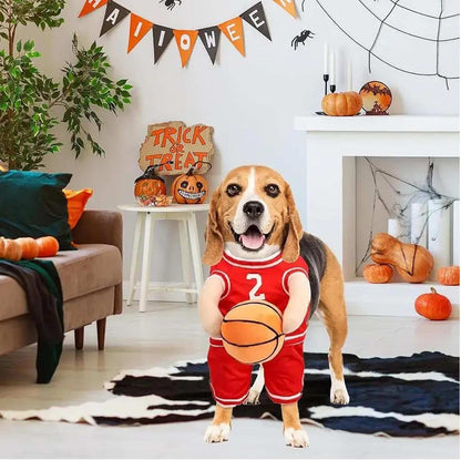 Beagle in a red basketball costume for dogs, perfect for Halloween celebrations